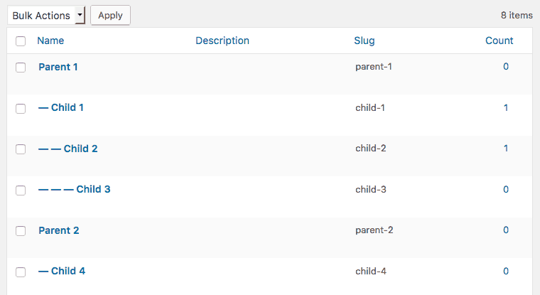 Screenshot - Categories Tree Structure - WordPress