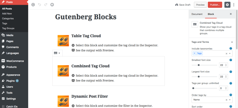 Screenshot dynamic tag cloud Gutenberg Blocks - WordPress